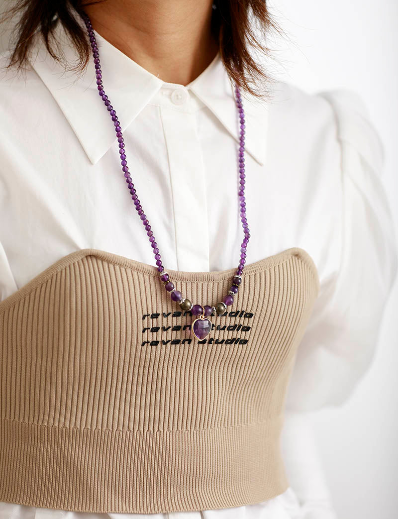 Pendentif Améthyste - Collier ou bracelet en perles d'améthyste et pendentif en coeur