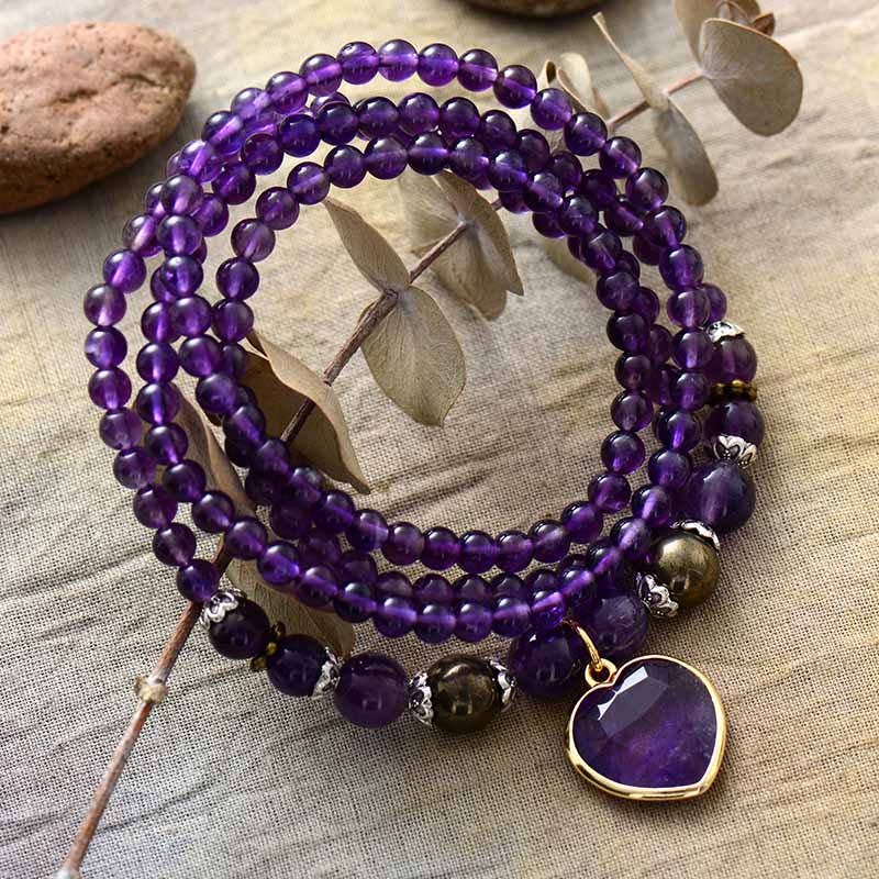 Pendentif Améthyste - Collier ou bracelet en perles d'améthyste et pendentif en coeur