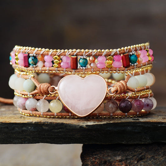 Bracelet en cuir, pierres naturelles et coeur de Quartz Rose