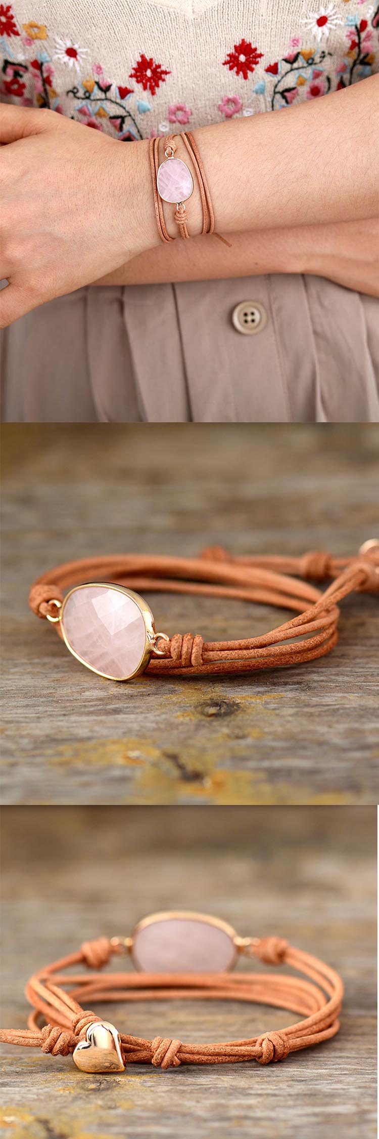 Bracelet minimaliste en cuir et médaillon de Quartz Rose