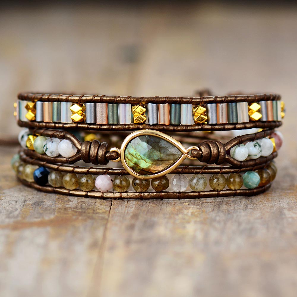 Bracelet en cuir, strass et pierre naturelle de Labradorite