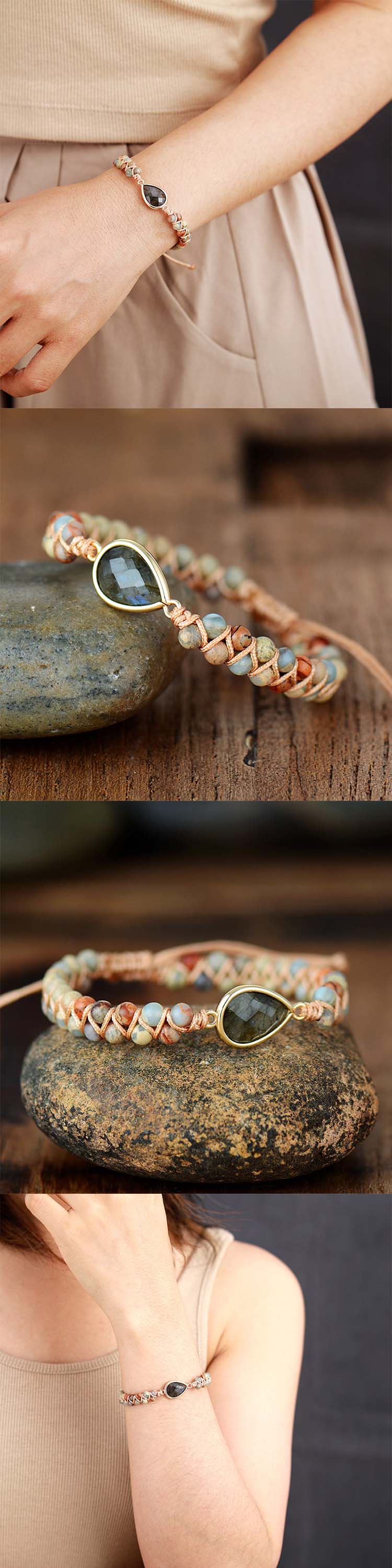 Bracelet Bohème tissé en pierres de Jaspe et médaillon de Labradorite